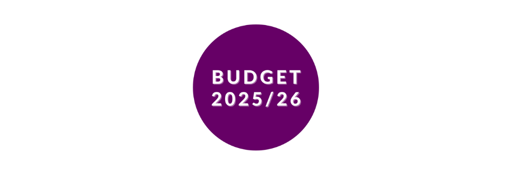 Purple circle on a white background. Words in the circle budget 2025/26