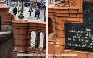 Photos of the landmark Victorian drinking fountain and commemorative plaque on the corner of the High Street and Surrey Street in central Croydon.