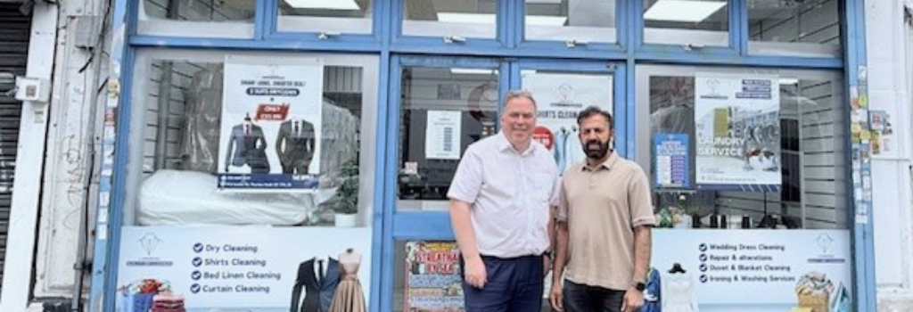 Executive Mayor Jason Perry meets a local businessman during the latest blitz in Thornton Heath Pond.