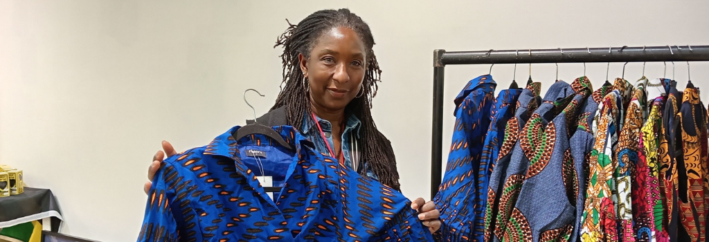 Flora Oworu, of Flakies Fashion with clothes she has designed on display at Made By Croydon.