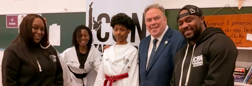 Mayor Perry with staff and children from ICON Academy.