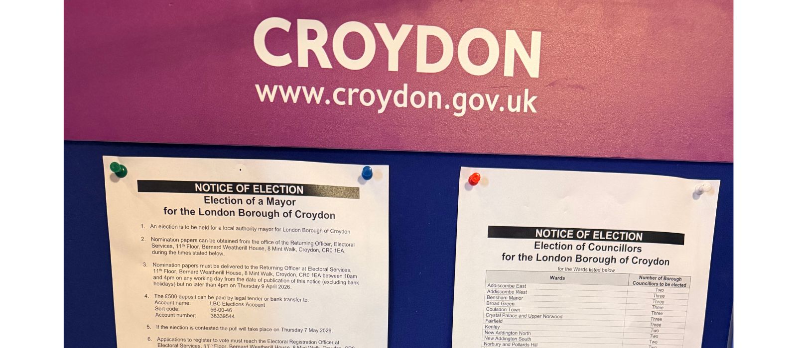 Notice of elections notices on the Croydon Council notice board in the Town Hall.