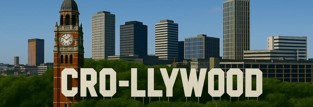 AI generated CRO-llywood sign in front of the Croydon skyline.