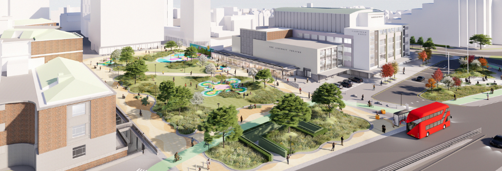 Architects drawing of the proposed aerial view of a new parkland in College Green with green spaces, trees, play areas and pathways in between Croydon College and Farifield Halls.