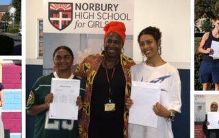 A montage of students and teachers celebrating their exam results at The Brit School and Norbury High School for Girls.