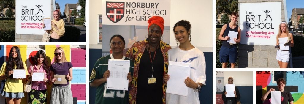 A montage of students and teachers celebrating their exam results at The Brit School and Norbury High School for Girls.