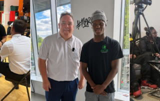 A collage of photos showing young people take part in workshops. The middle photo shows Mayor Perry with one of the young participants.